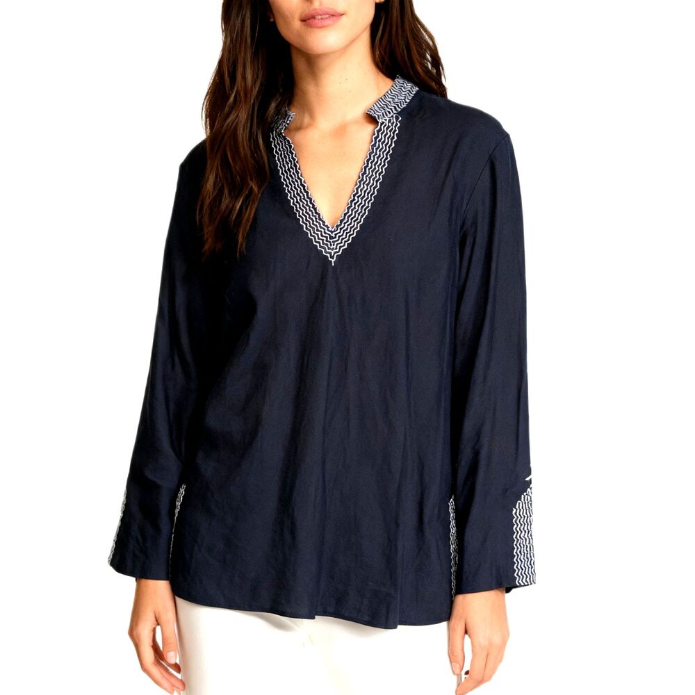 Travel Smith Tunic Top XL Navy Blue Linen Cotton White Embroidery Minimalist